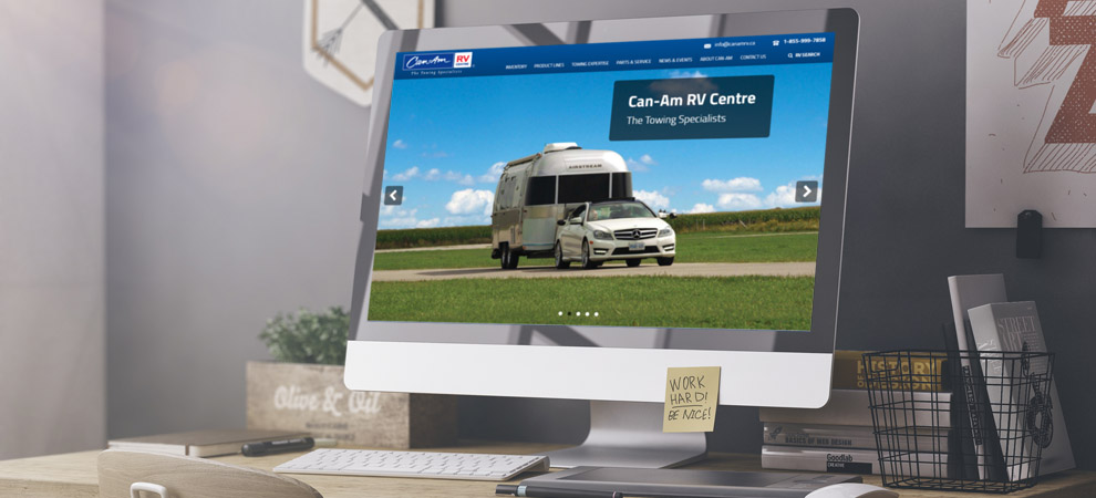 The Can-Am RV home page displayed on a typical laptop
