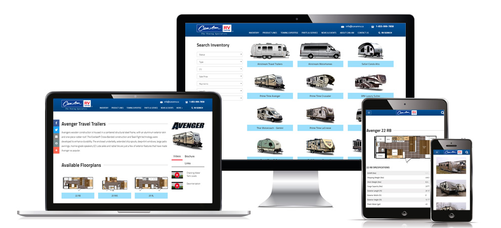 The versatile responsiveness of the Can-Am RV website shown here on phone, tablet, laptop and desktop moitor