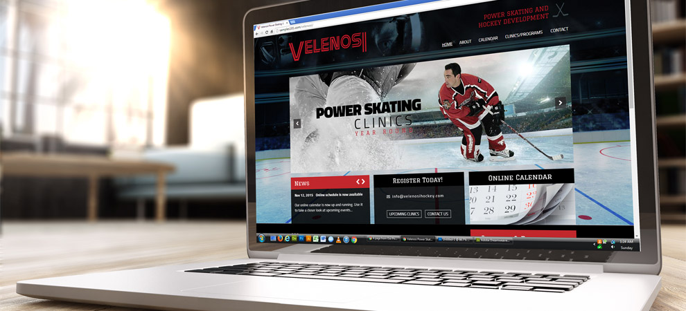 The Velenosi Power Skating home page on a laptop