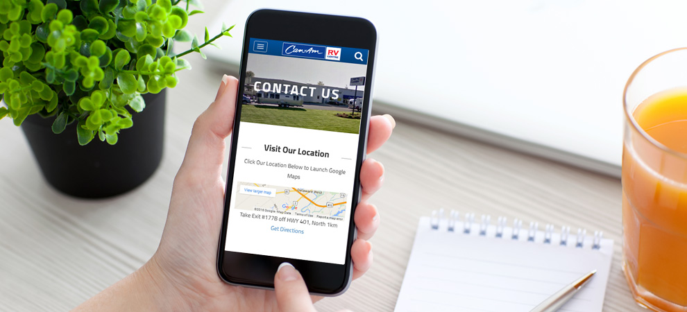 The Contact page of the Can-Am RV site on a smartphone
