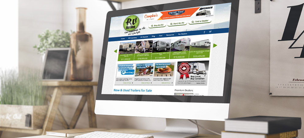 The RVHotline home page on a desktop monitor