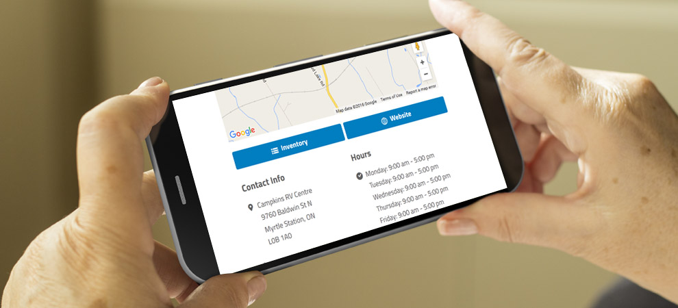 A dealer contact page on RVHotline mobile