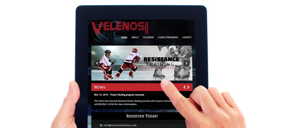 This is what the Velenosi Power Skating home page looks like in portrait mode on a tablet