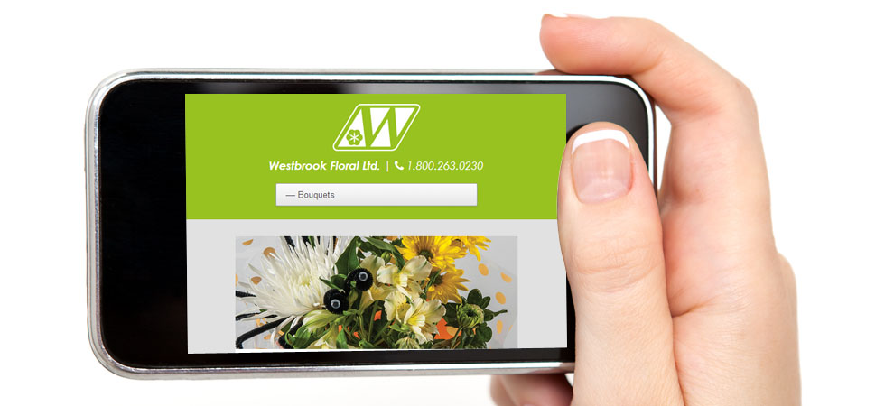 Westbrook Floral Bouquets page on smartphone landscape view